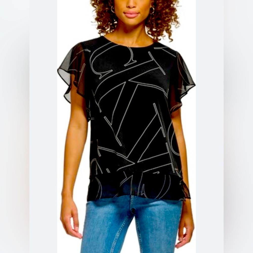 Calvin Klein Short Sheer Sleeve Layered Hem Logo Womens Blouse 2 Tone Top XL